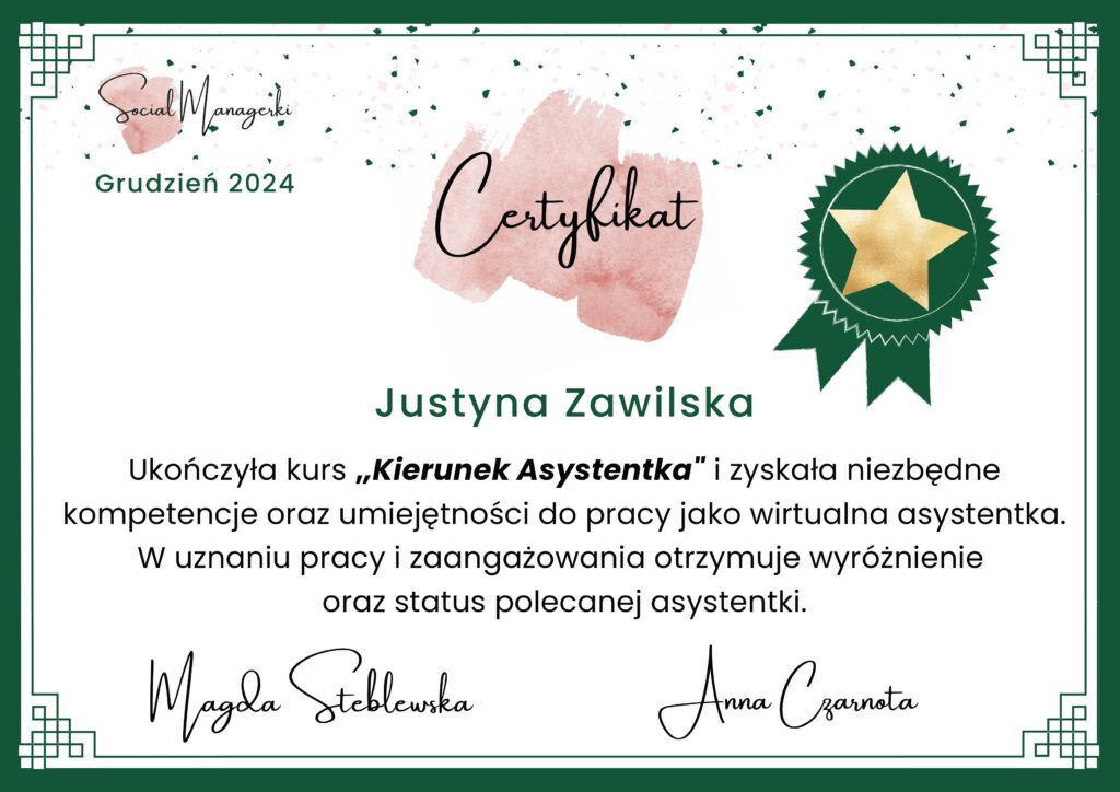 Justyna Zawilska certyfikat